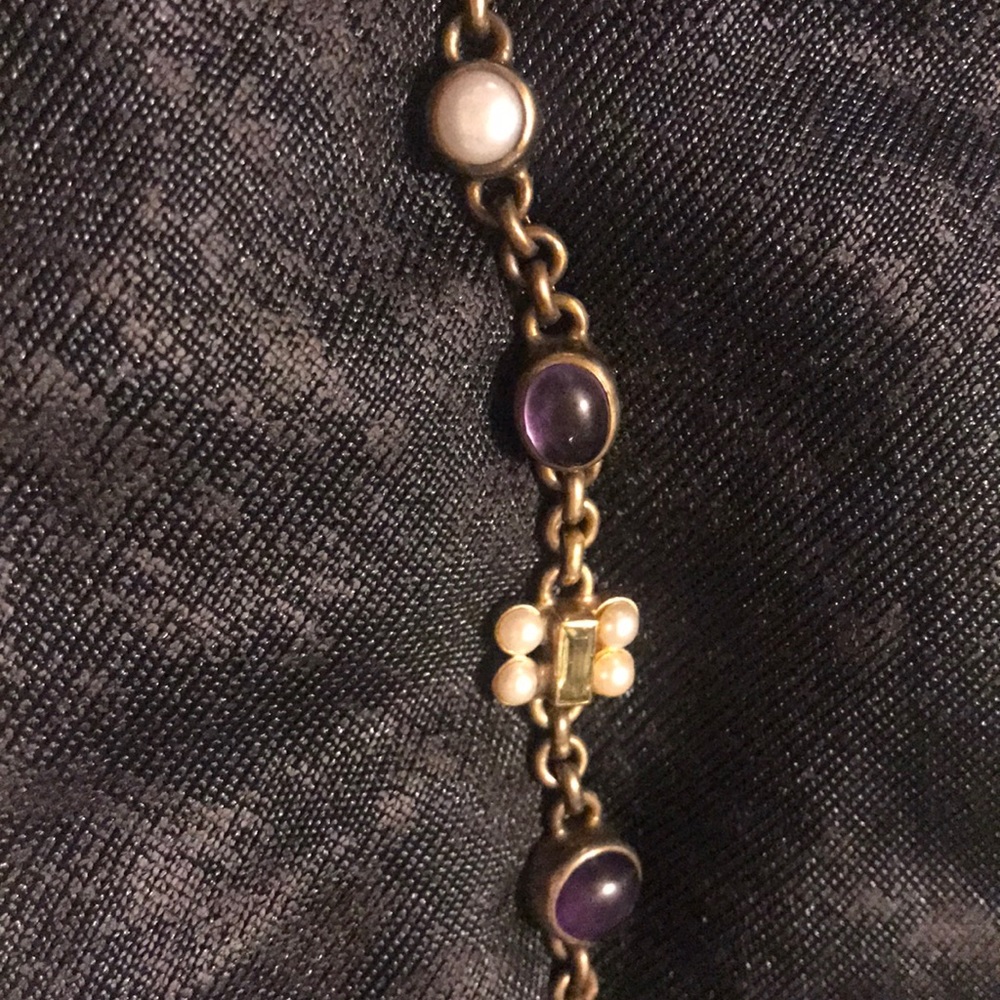 Multiple gemstone bracelet with brass color chain